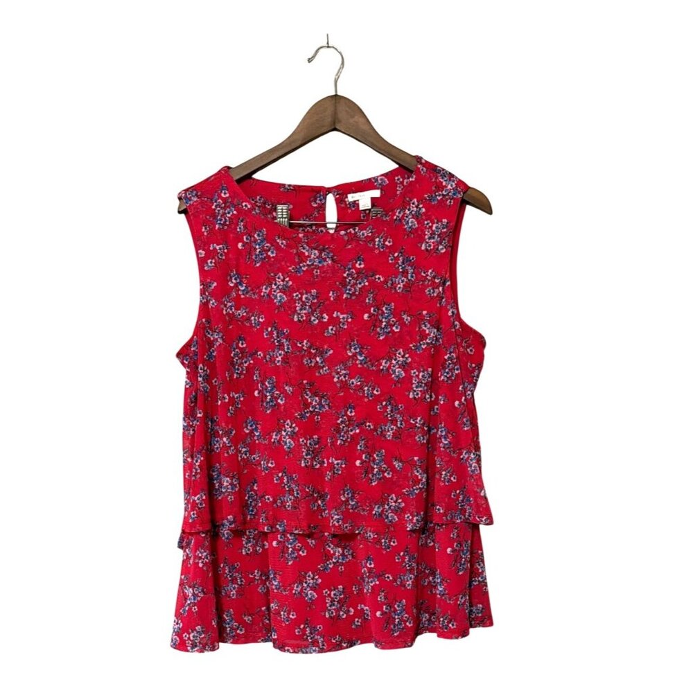 Sleeveless Red Floral sleevless Top‎ Tiered Ruffle Hem Womens Large Lightweight